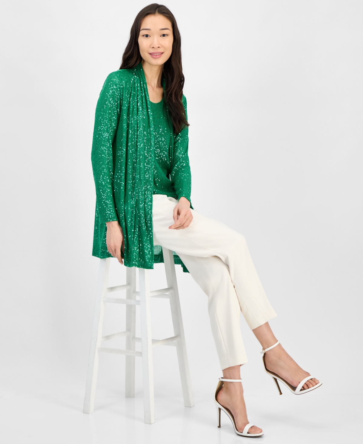 Anne Klein Sequin Draped Open Front Cardigan In Green