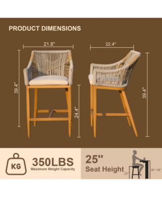 Bar Stools Set of 2 with Arm and Backrest, Outdoor Counter Height Bar Chairs with Cushion, Aluminum Tall Bar stools-Rounded Backre