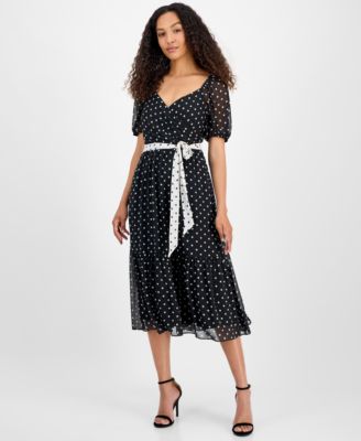 Women's Dot-Print Short-Sleeve Midi Chiffon Dress