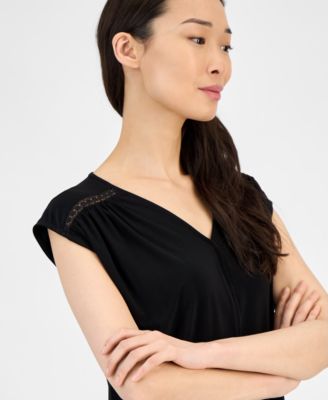 Women's Lace-Inset Extended-Shoulder V-Neck Top