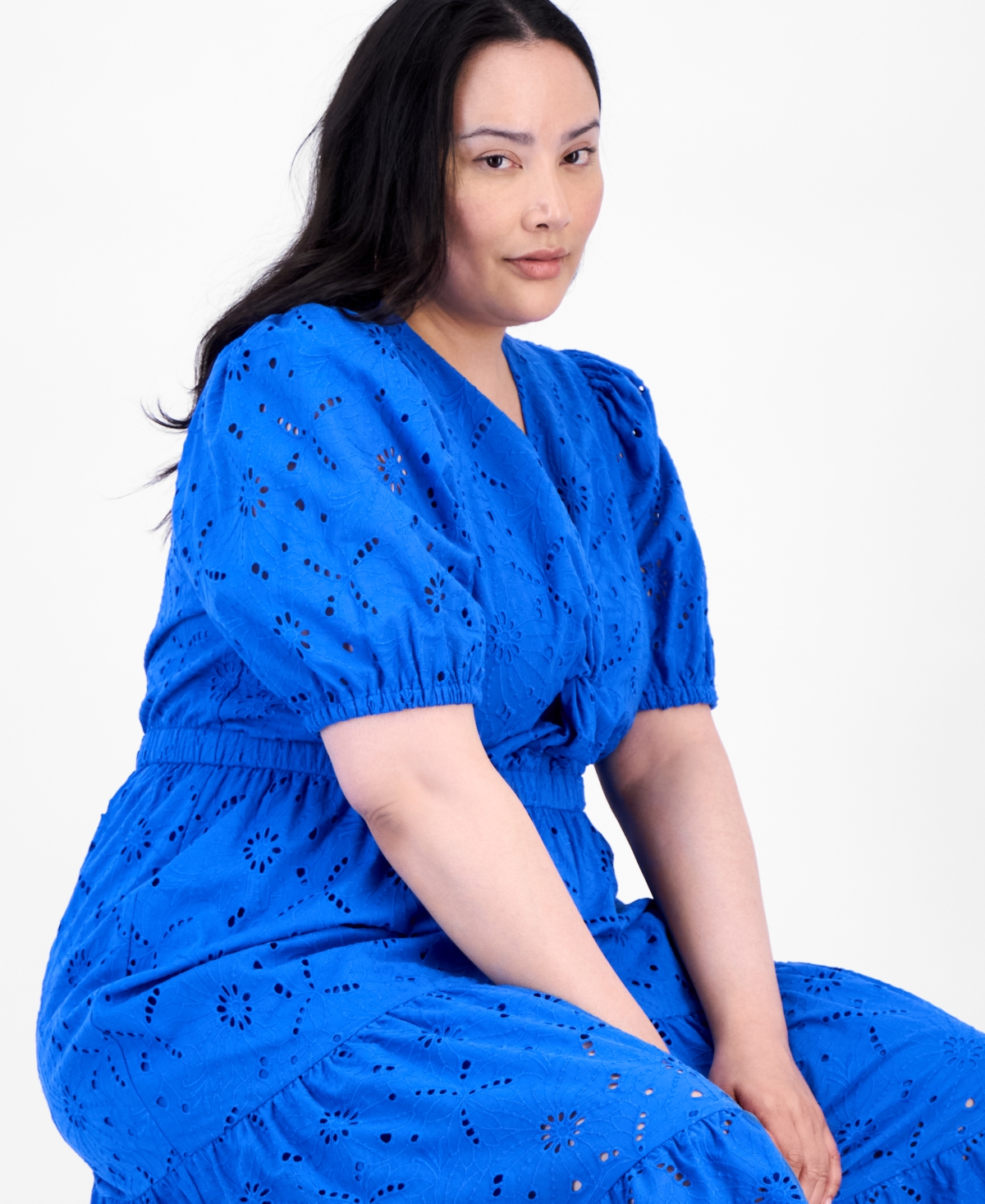 Inc International Concepts Plus Size Cotton Eyelet Twist-front Tiered Dress, Exclusively At Macy's