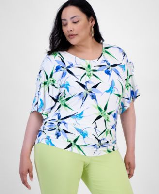 I.N.C. International Concepts - Plus Size Printed Ruched-Shoulder Top, Exclusively at Macy's