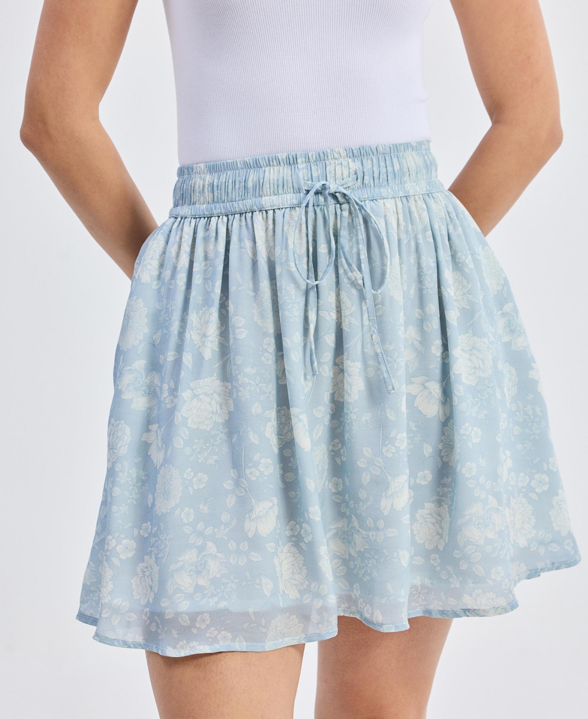 Women's Drawstring Short Skirt in Blue Florals - Floral whispers