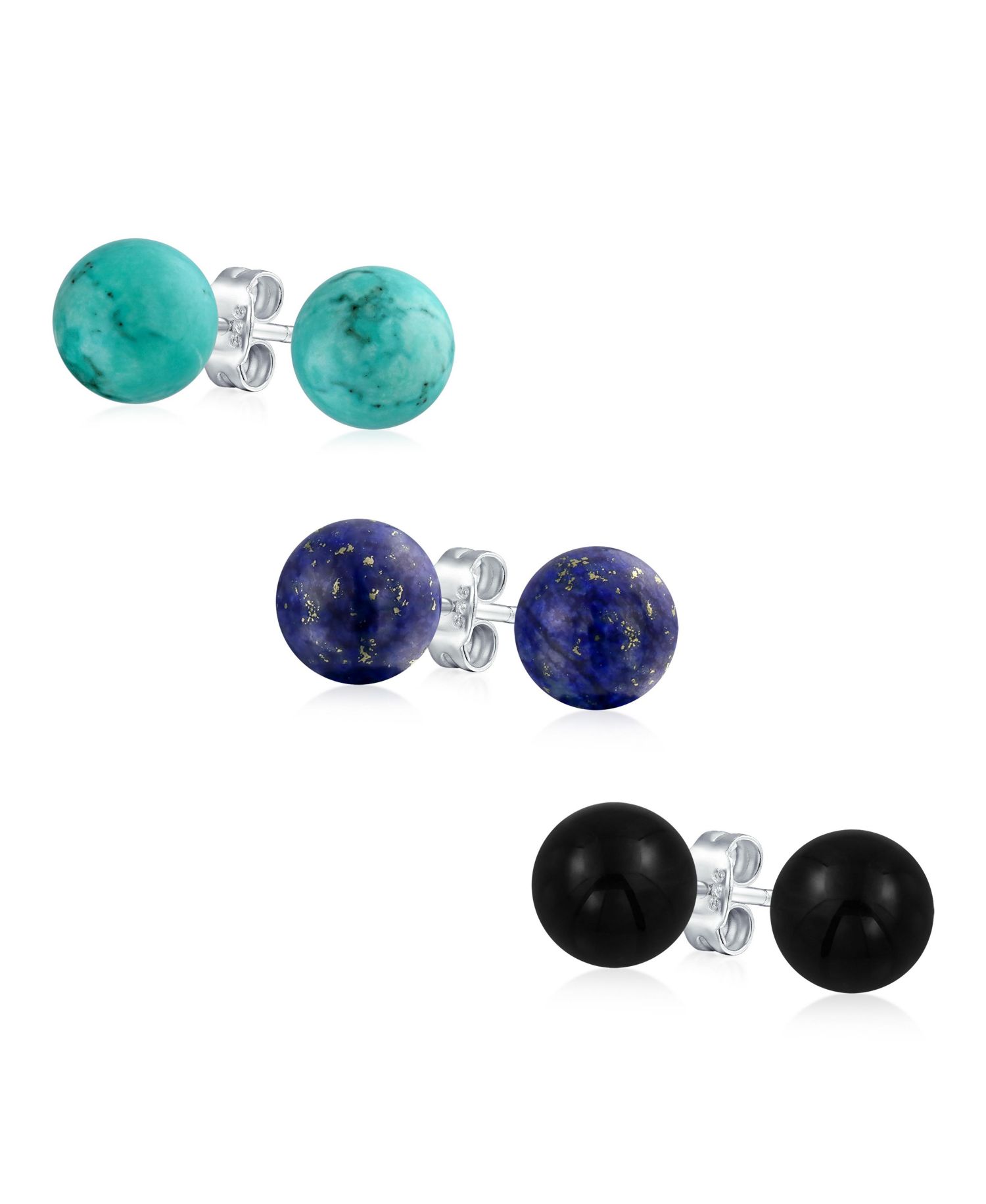 Lapis, Turquoise, Onyx Bead Ball Stud Earrings Sterling Silver (3 Set)