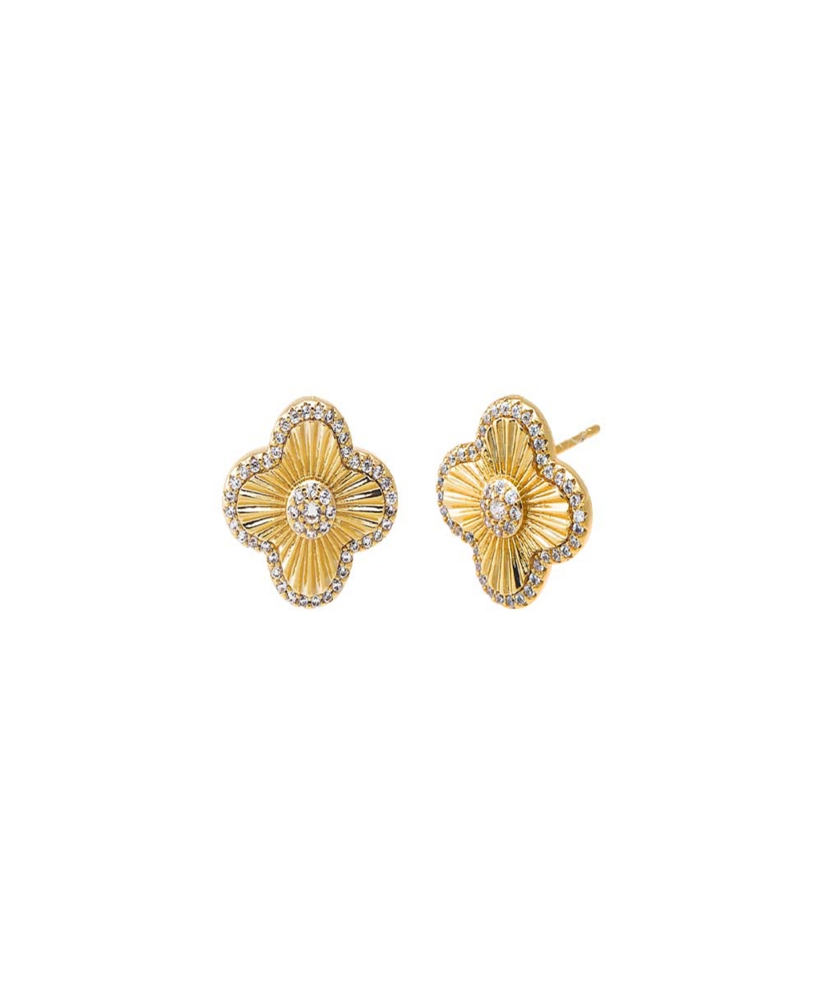 Pave Cubic Zirconia Ridged Four Leaf Clover Stud Earrings - Gold