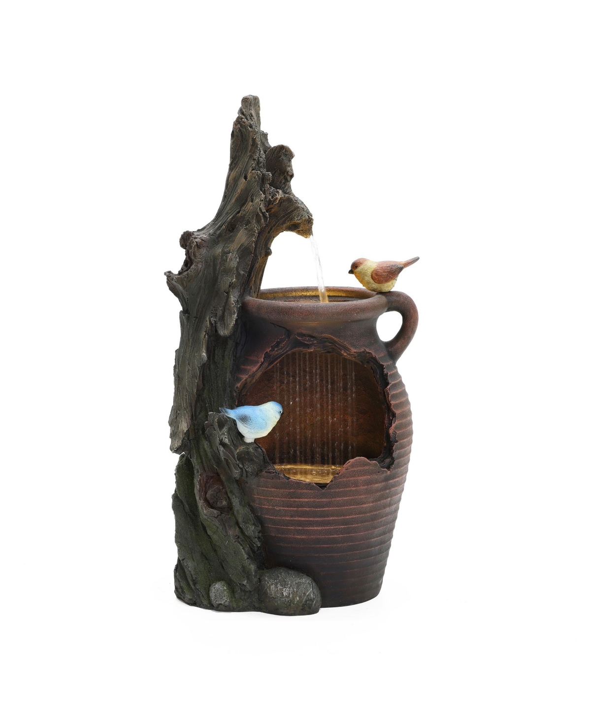 Rain Barrel with Tree and Birds 2.5-Feet Tall Outdoor Polyresin Fountains with Light - Multi color