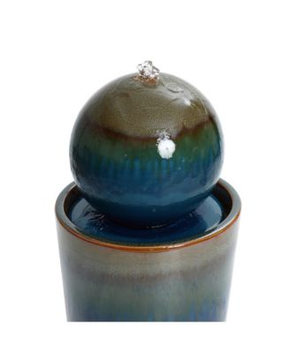 Glazed Blue and Brown Duo-Tone Sphere on Round Pillar Bubbler 30-Inch Tall Ceramic Fountain