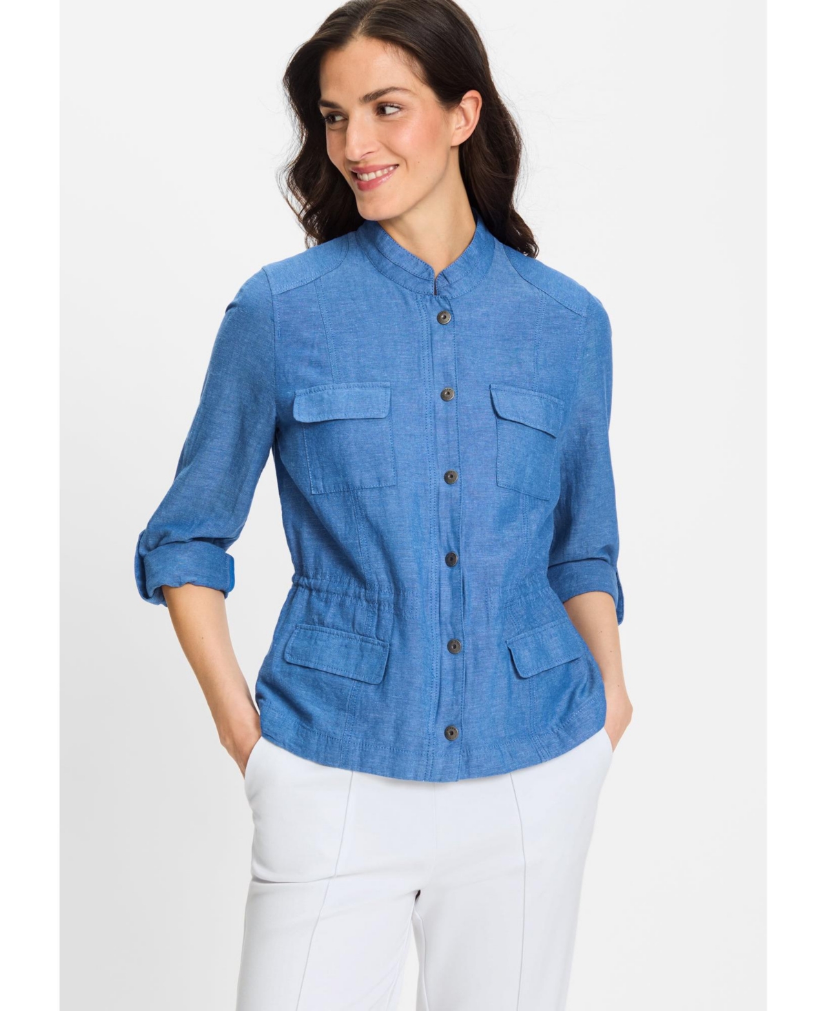 Women's Collarless Safari Jacket - Capri blue melange