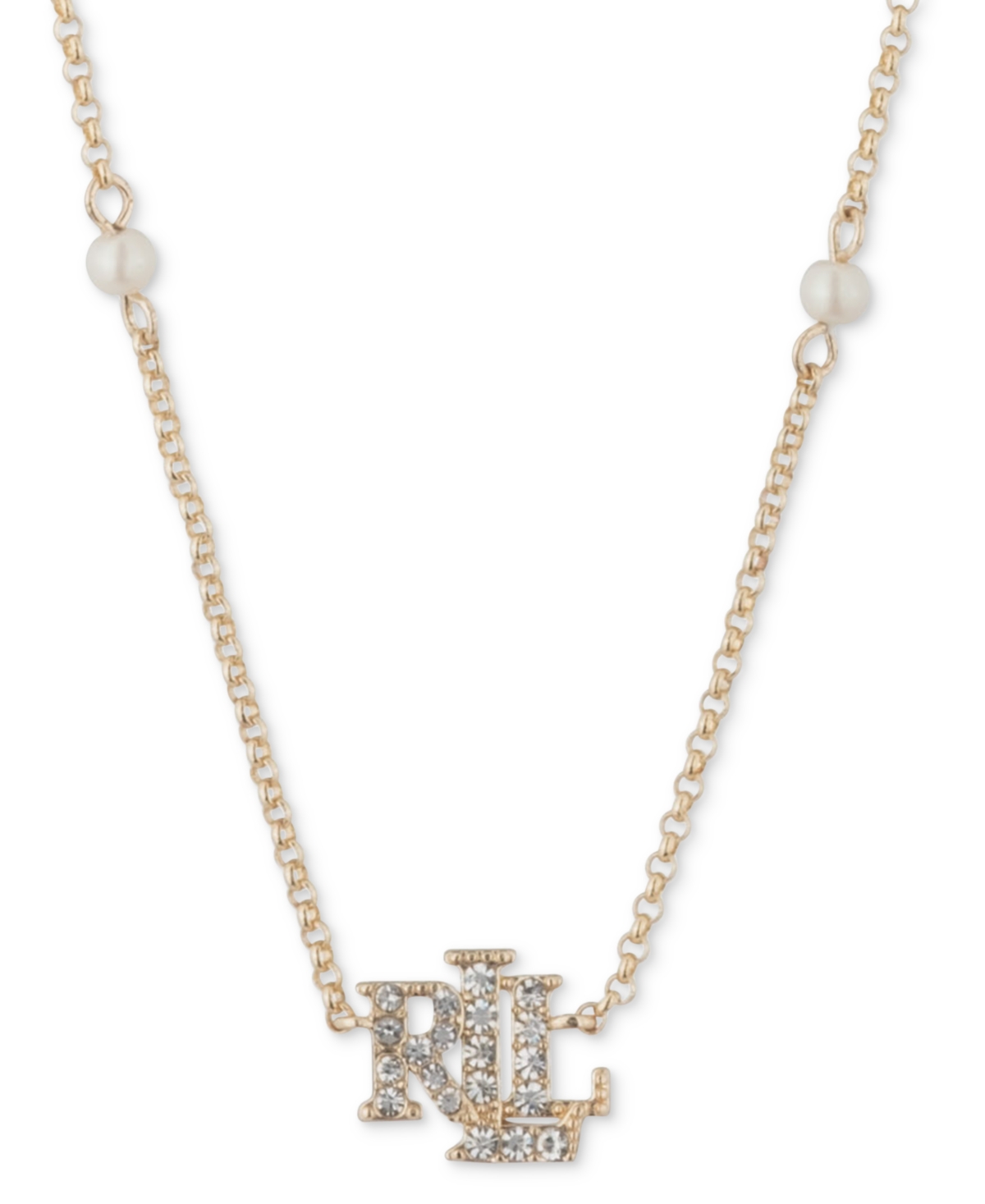 Ralph Lauren Gold-tone Pave Logo & Imitation Pearl Pendant Necklace, 16" + 3" Extender