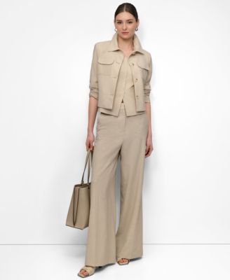Womens Seersucker Square Neck Bustier Top Seersucker Button Front Cropped Jacket Seersucker High Rise Wide Leg Pants