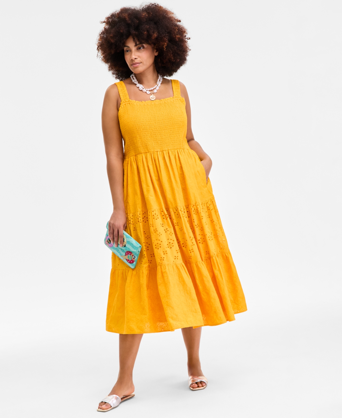 On 34th Womens Cotton Smocked Sleeveless Midi Dress Crochet Bag Layered Pendant Necklace Stretch Bracelet Ex In Orange
