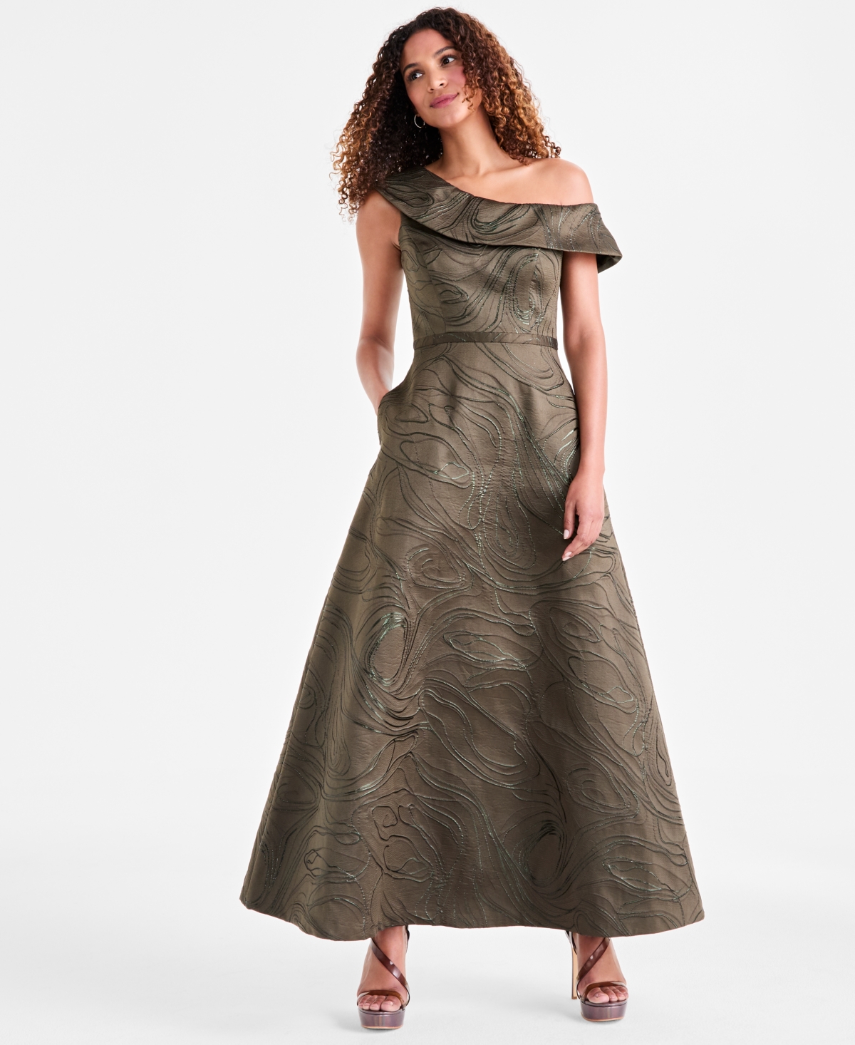 Women's Jacquard One-Shoulder Long Dress - Olive