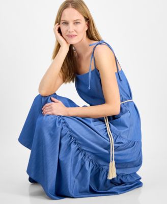 Women's Sleeveless Tie-Shoulder-Strap Tiered Maxi Dress