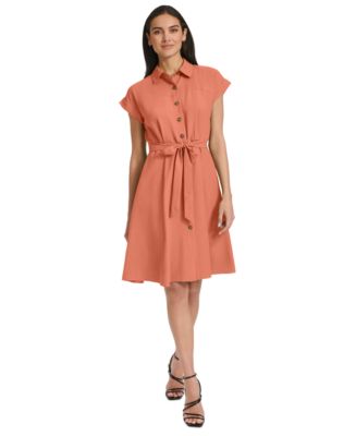 cap sleeve shirt dress Cap Sleeve Striped Shirt Midi Dress with Waist Tie Blue / Small 4-6