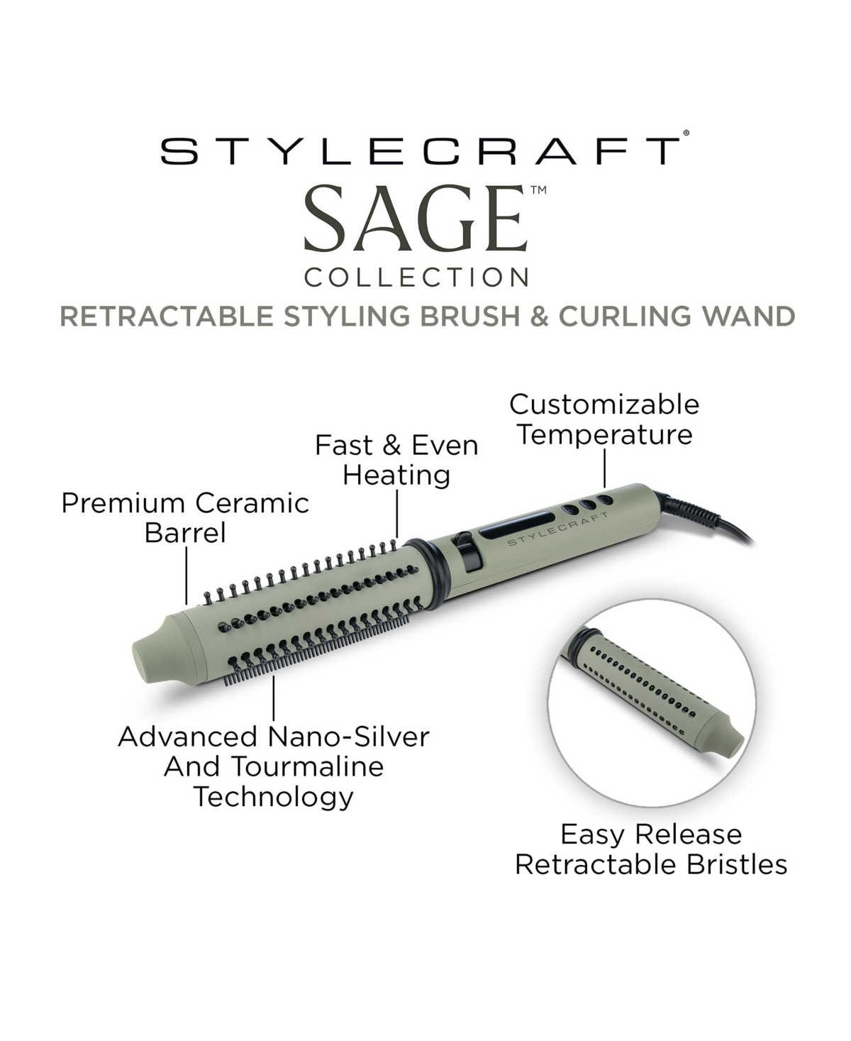 STYLECRAFT PROFESSIONAL SAGE RETRACTABLE STYLING BRUSH & CURLING WAND 