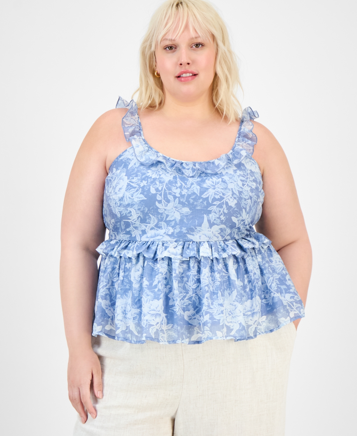 Plus Size Floral-Print Ruffled Top, Exclusively at Macy's - Brown Print