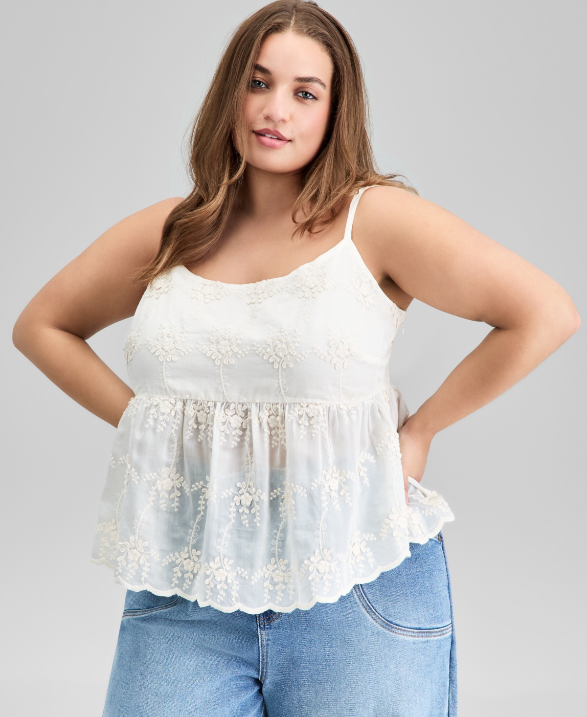 Trendy Plus Size Embroidered Babydoll Tank, Exclusively at Macy's - Tan