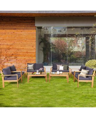 8PCS Patio Furniture Set Acacia Wood Thick Cushion Loveseat Sofa