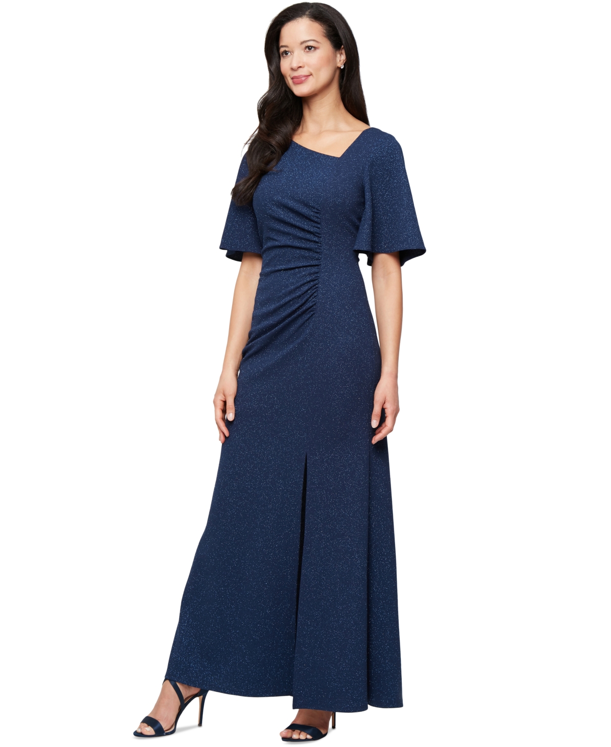 Women's Flutter-Sleeve Ruched Gown - Navy