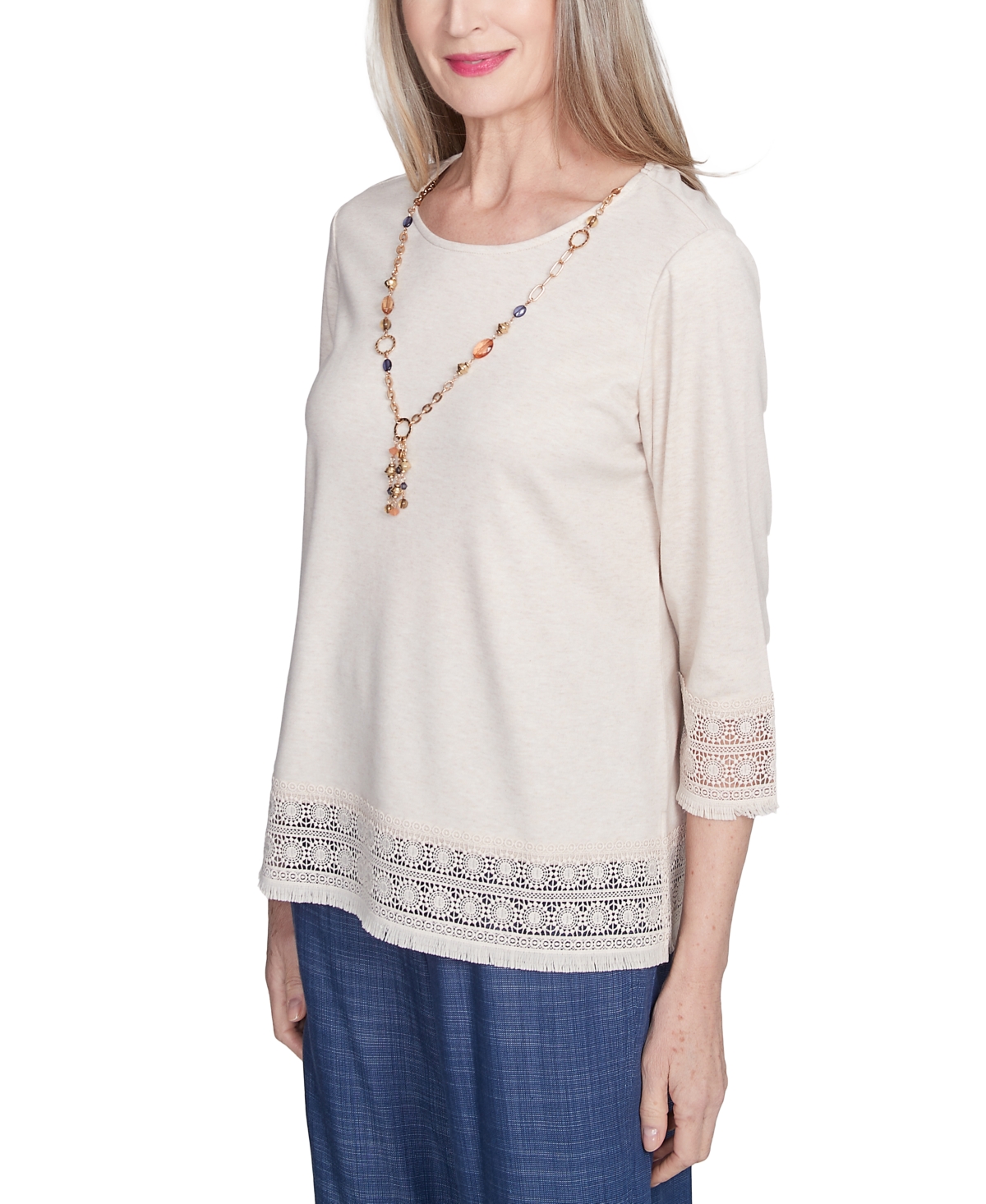 Alfred Dunner Plus Size Summer Solstice Lace Trimmed Knit Top With Necklace