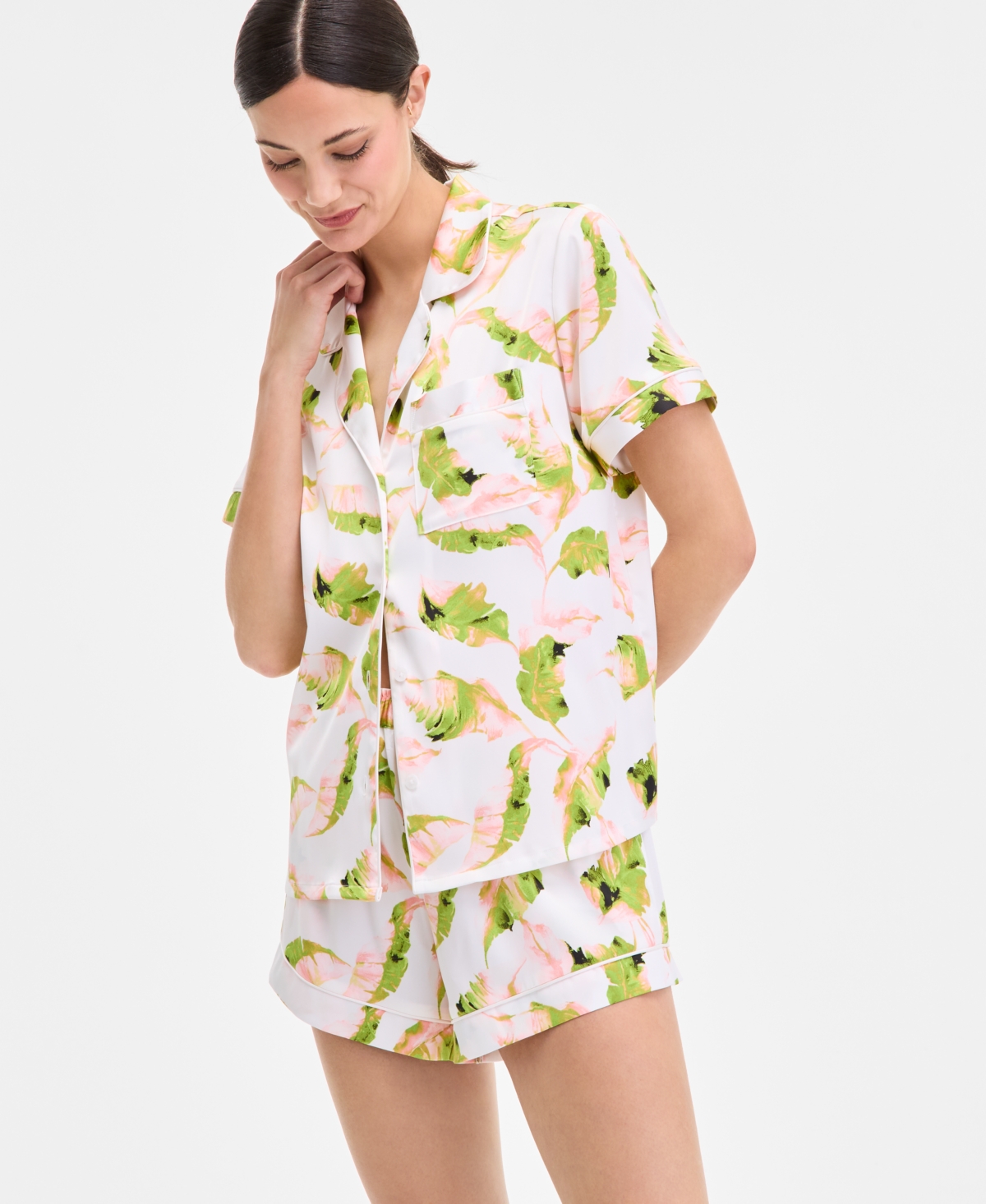 I.n.c International Concepts Women's Stretch Satin Short-Sleeve Pajama Set, Exclusively at Macy's - Nora Leaf