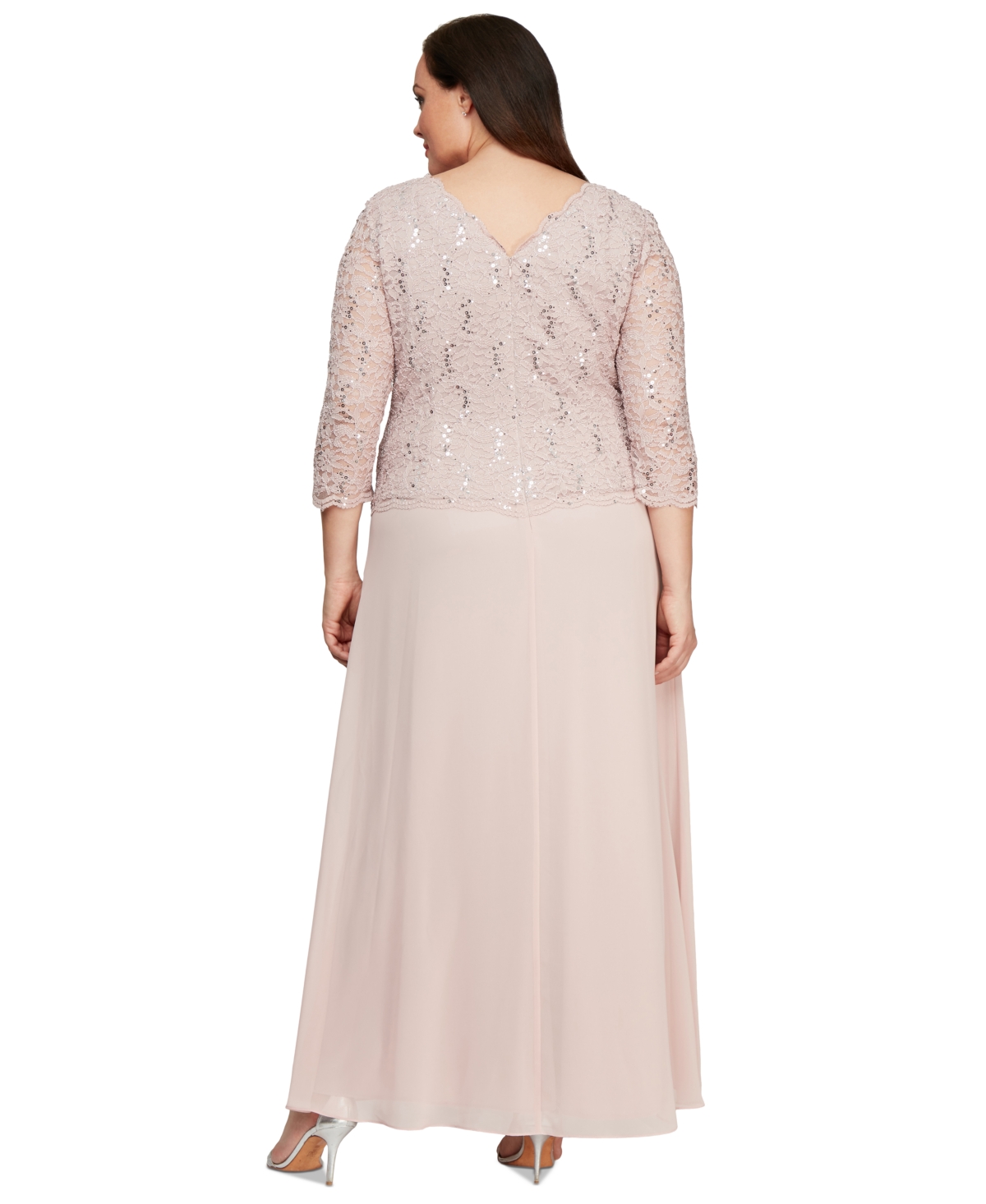 Alex Evenings Plus Sequined Scalloped Edge Lace Top Gown