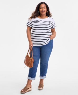 Plus Size Stripe Button-Trim T-Shirt, Exclusively at Macy's 