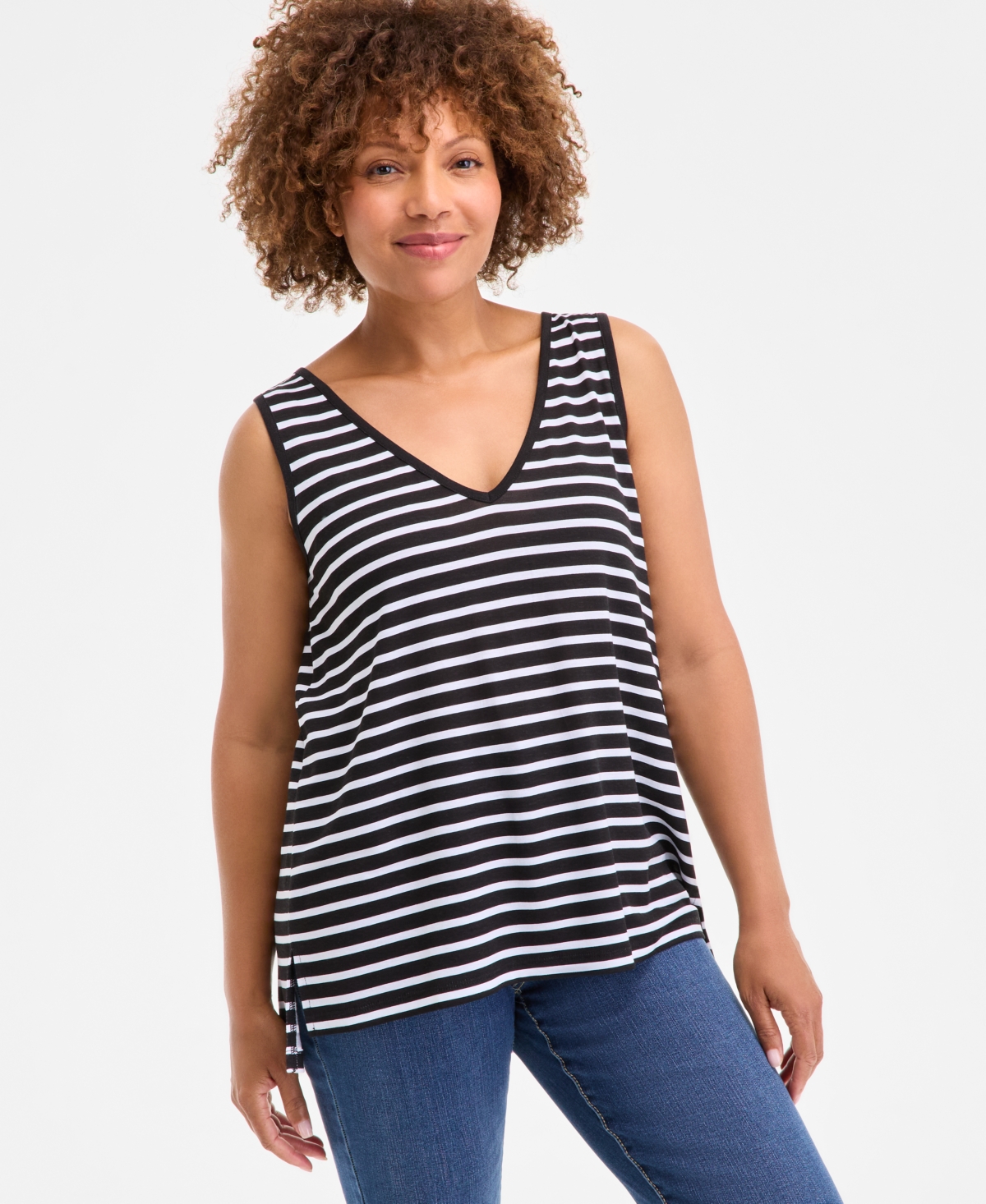 Women's Striped Linen Blend V-Neck Tank Top, Exclusively at Macy's - Warm Blush Combo