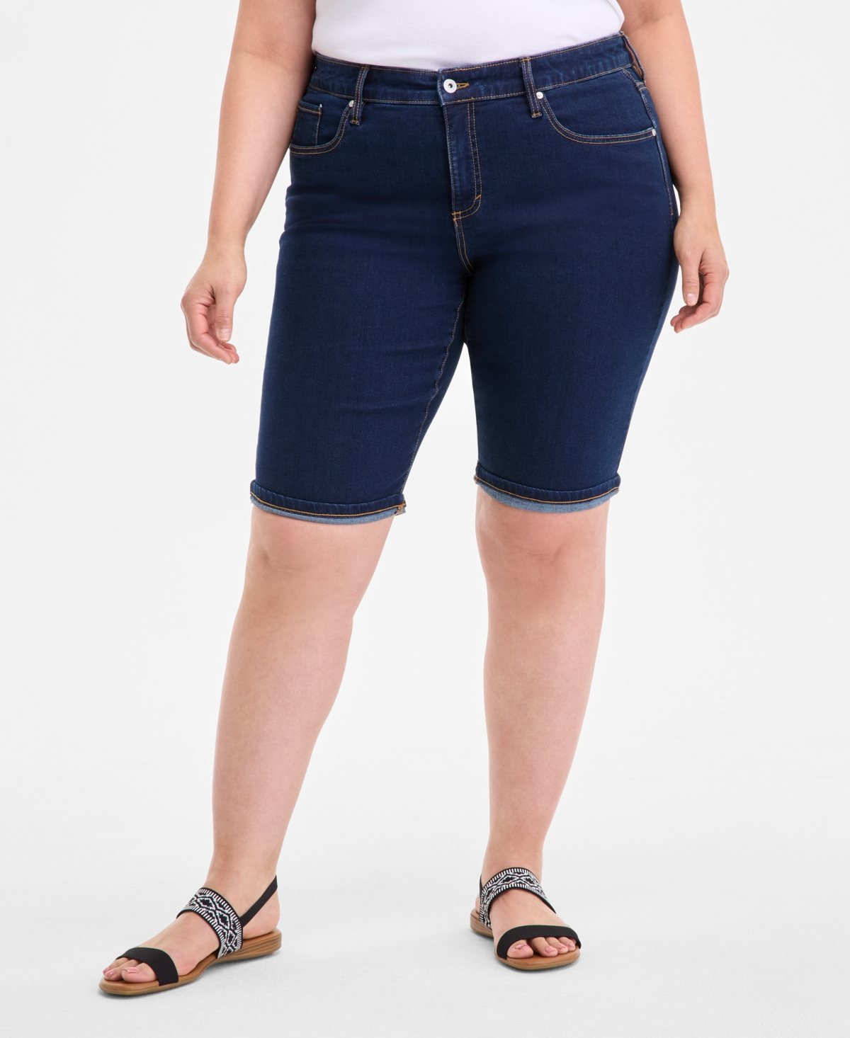 Shop Style & Co Plus Size Mid-rise Roll-cuff Bermuda Denim Shorts, Exclusively At Macy's