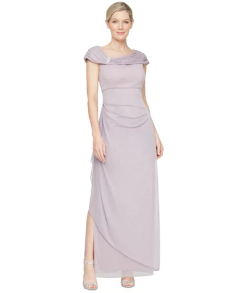 Petite L-Neck Glitter-Mesh Long Dress - Mauve