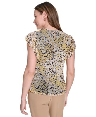Women's Printed-Mesh Flutter-Sleeve Top