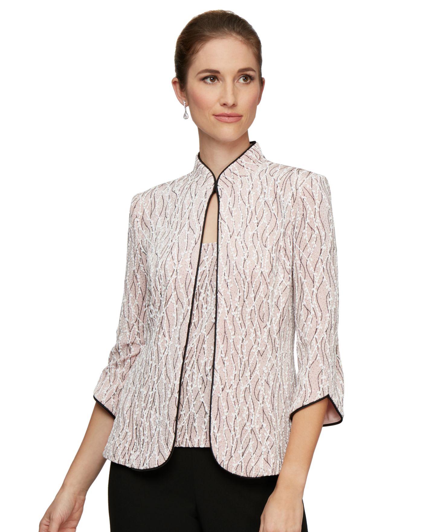 Женская куртка Alex Evenings Printed Piped 3/4-Sleeve Two-Piece Glitter Top & Jacket, цвет: Светлый розовый — фото 1