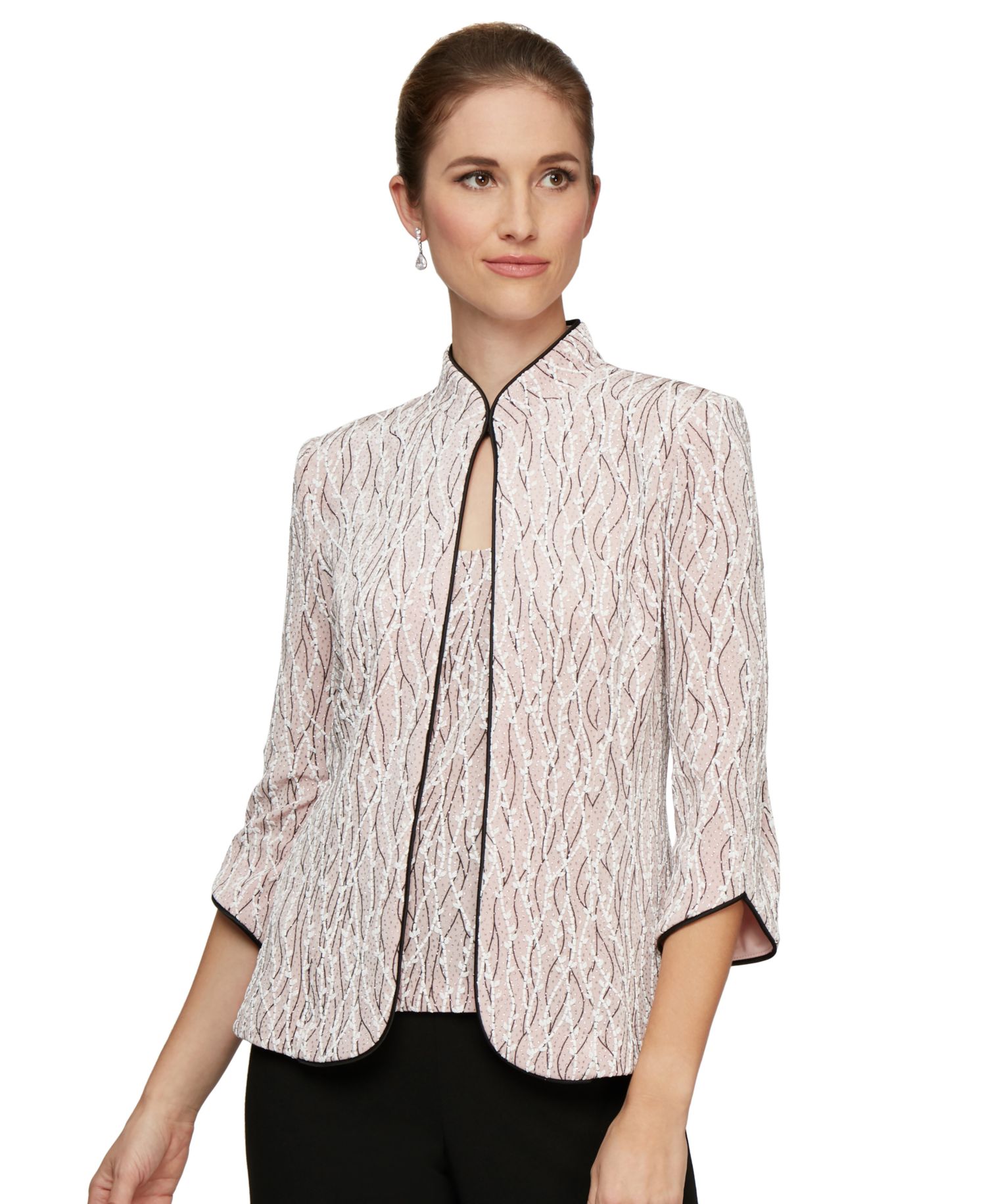 Printed Piped 3/4-Sleeve Two-Piece Glitter Top & Jacket