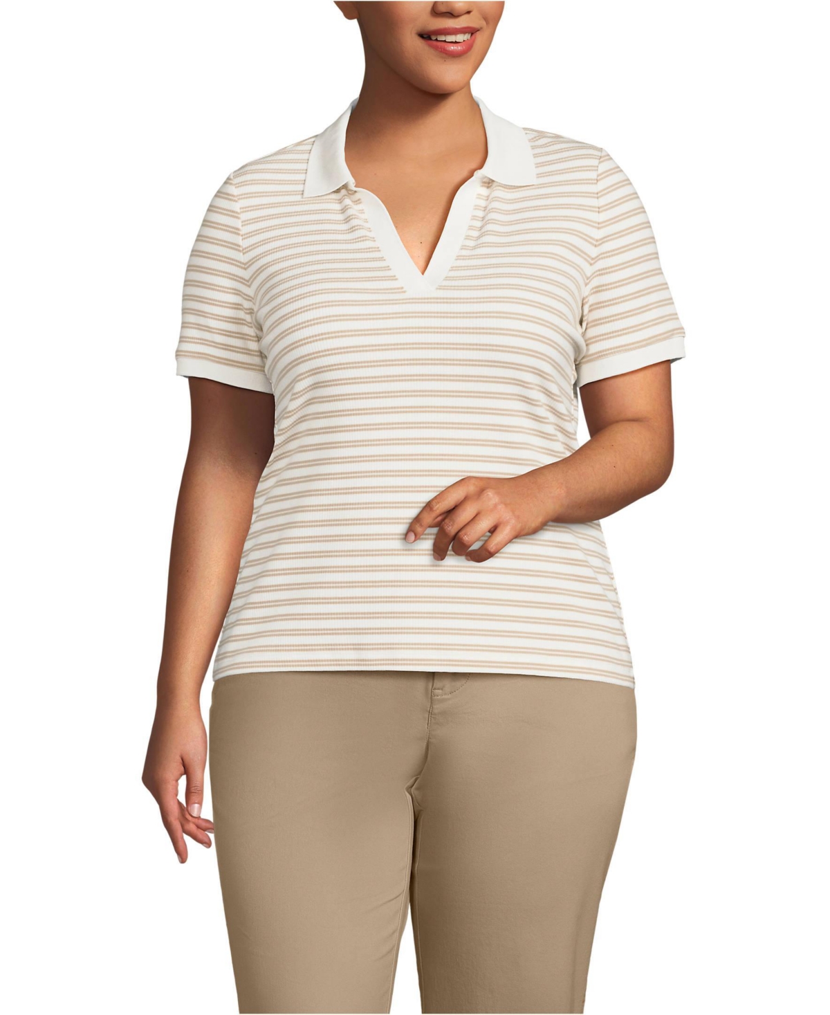 Plus Size Wide Rib Polo Shirt - Champagne dual stripe
