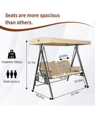 Steel 3 Person Patio Swing Chair Swinging Outdoor Chair with Removable Mat, Cushion and Convertible Canopy, Navy Blue