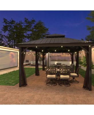 12x20 FT Hard Top Metal Gazebo Patio Double Roof Canopy Aluminum Frame Gazebo with Netting Tent Curtains