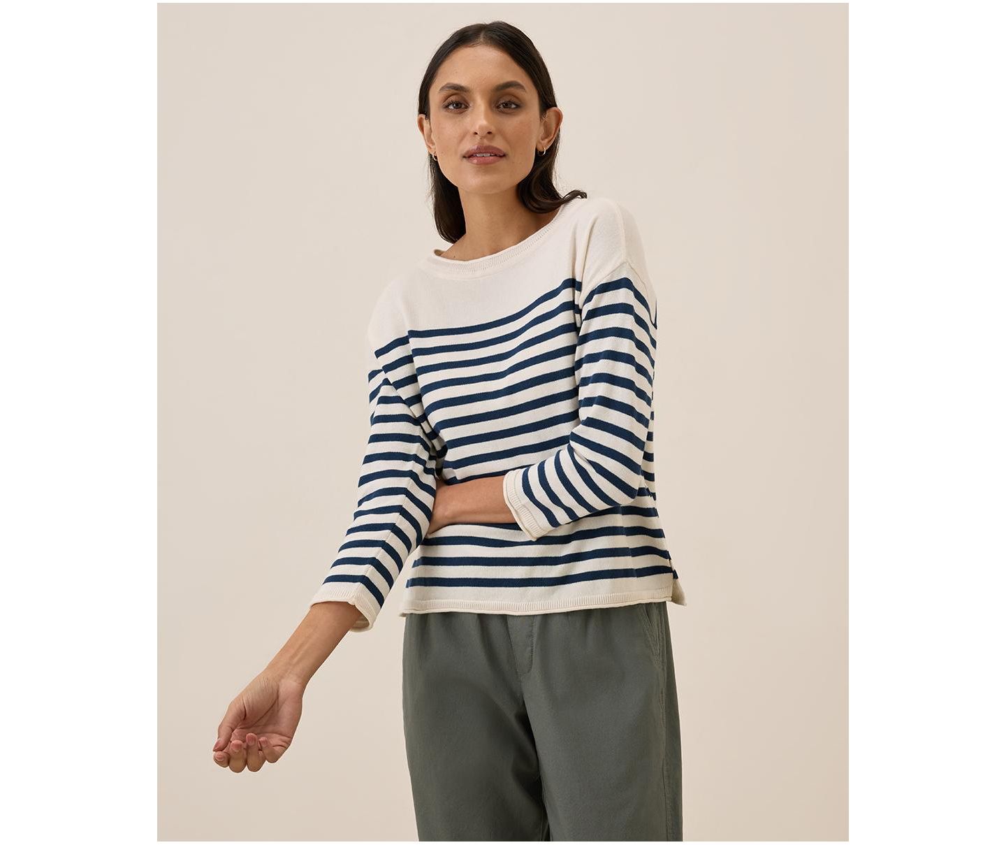 Женский свитер Pact Organic Cotton Classic Fine Knit Wide Neck, цвет: Тёмно-синий полосатый — фото 1