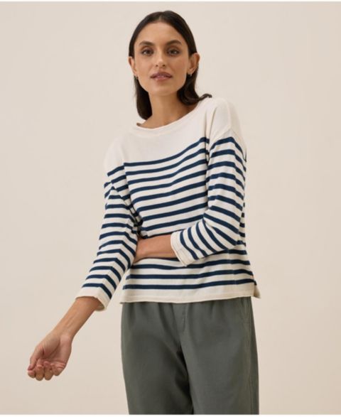 Женский свитер Pact Organic Cotton Classic Fine Knit Wide Neck, цвет: Тёмно-синий полосатый