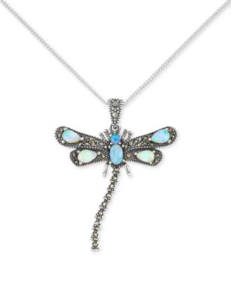Macy's - Marcasite (1/4 ct. t.w.) & Agate (1 ct. t.w.) Dragonfly 18" Pendant Necklace in Sterling Silver