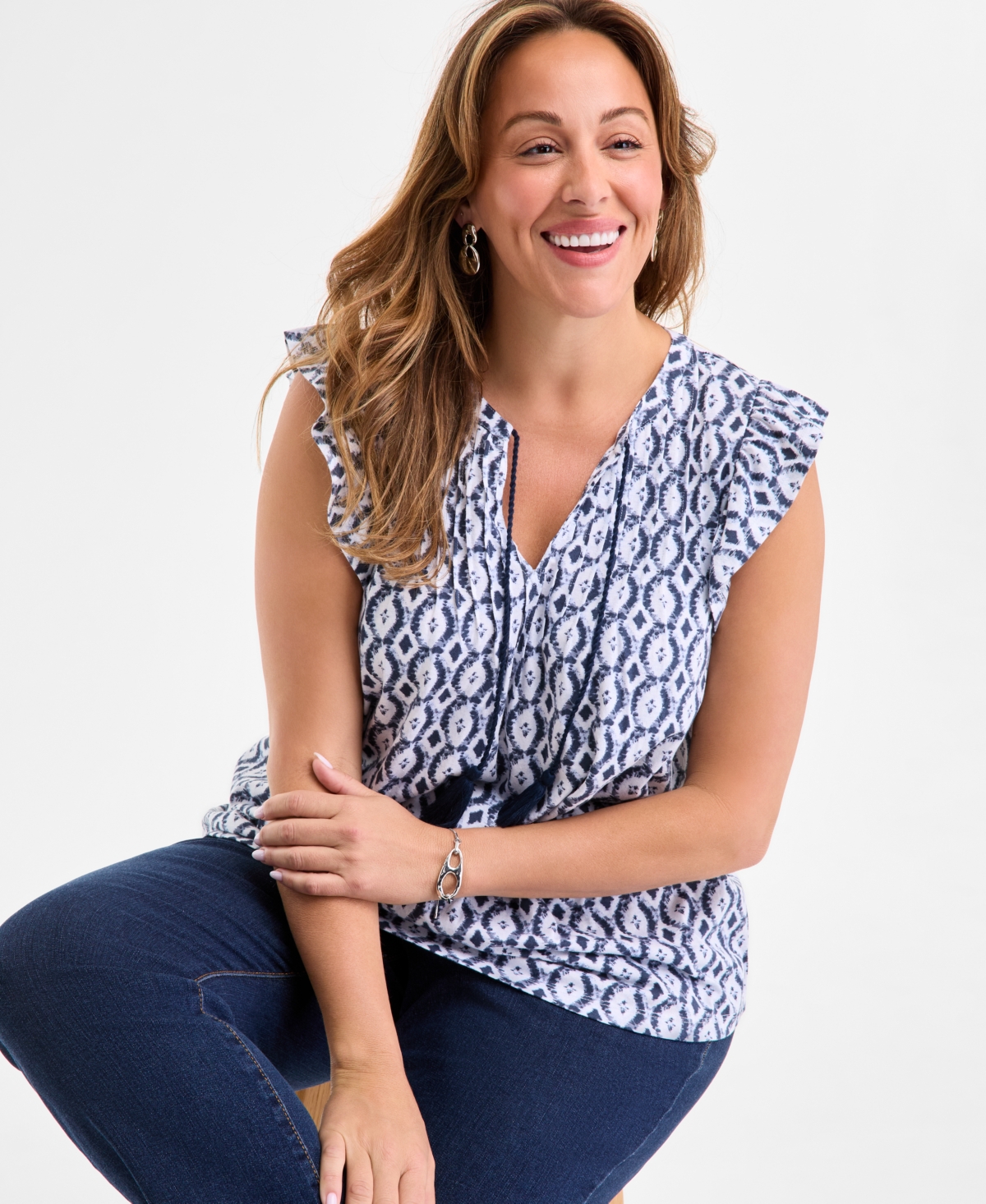 Style & Co Plus Size Printed Ruffle Pintuck Top, Exclusively At Macy's