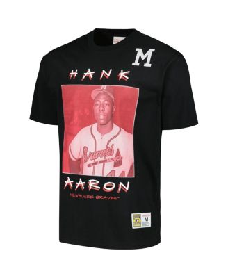 Men's Hank Aaron Black Milwaukee Braves Cooperstown Collection Heavyweight Premium Player Vintage Logo T-Shirt