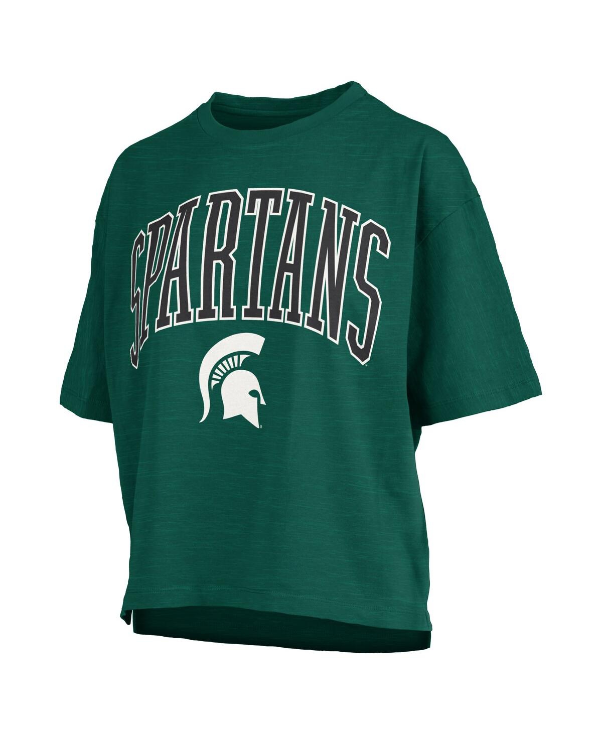 PRESSBOX WOMEN'S GREEN MICHIGAN STATE SPARTANS NELSON ARCH OVER LOGO WAIST LENGTH OVERSIZED SLUB T-SHIRT 