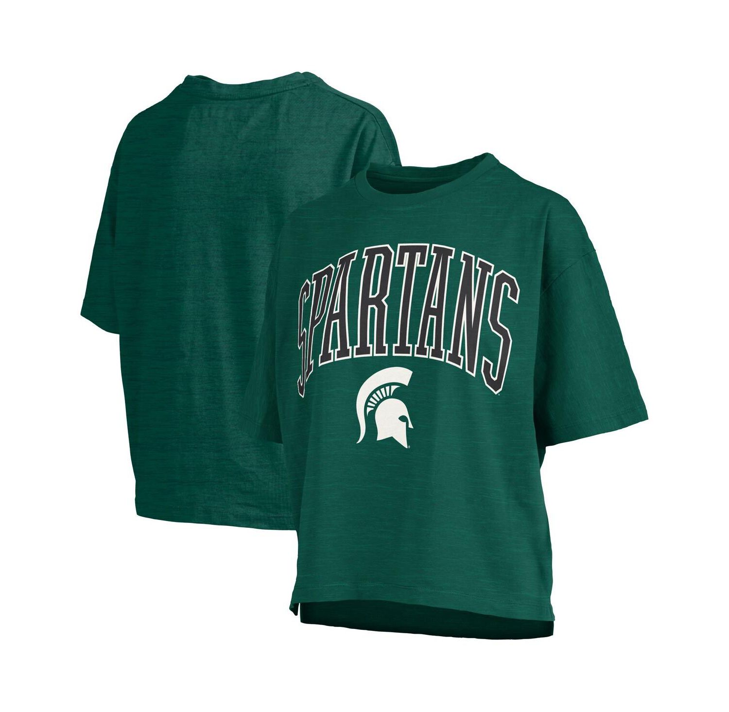 Women's Green Michigan State Spartans Nelson Arch Over Logo Waist Length Oversized Slub T-Shirt