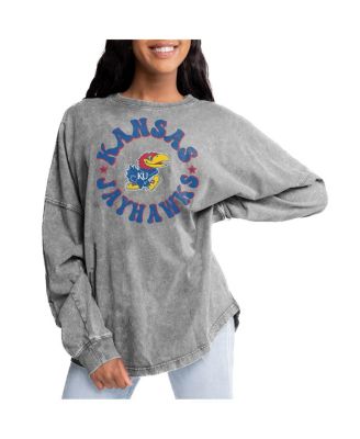Gameday Couture - Women's Gray Kansas Jayhawks Playing Around Faded Wash Oversized Long Sleeve T-Shirt