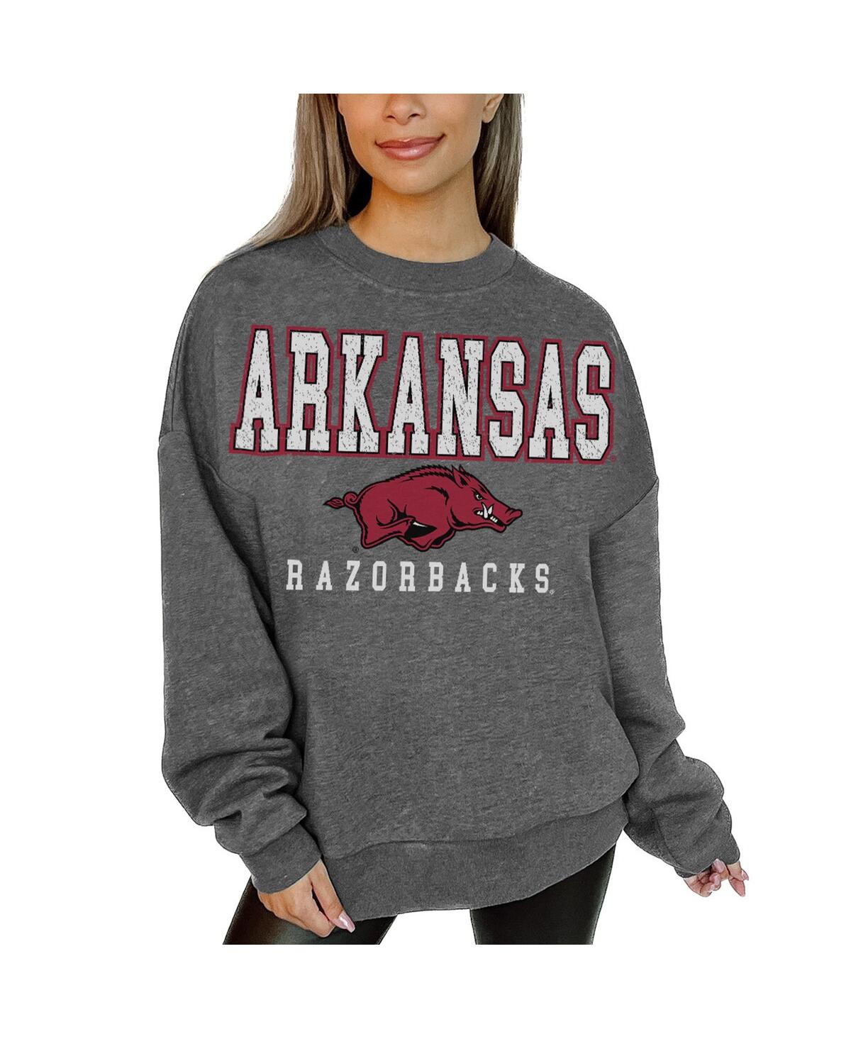 Women's Heather Charcoal Arkansas Razorbacks Distressed Fleece Pullover Sweatshirt - Heather Charcoal