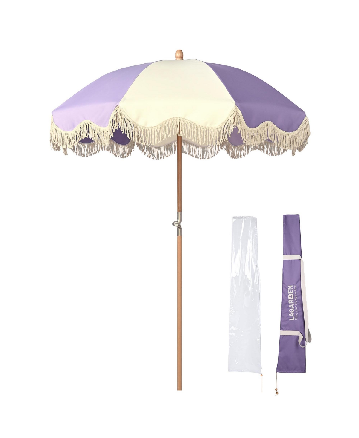 Palm Springs 6Ft Patio Floral Fringe Umbrella with Tassel Carry Bag Outdoor Vintage Wood Garden Parasol Purple - Natrual