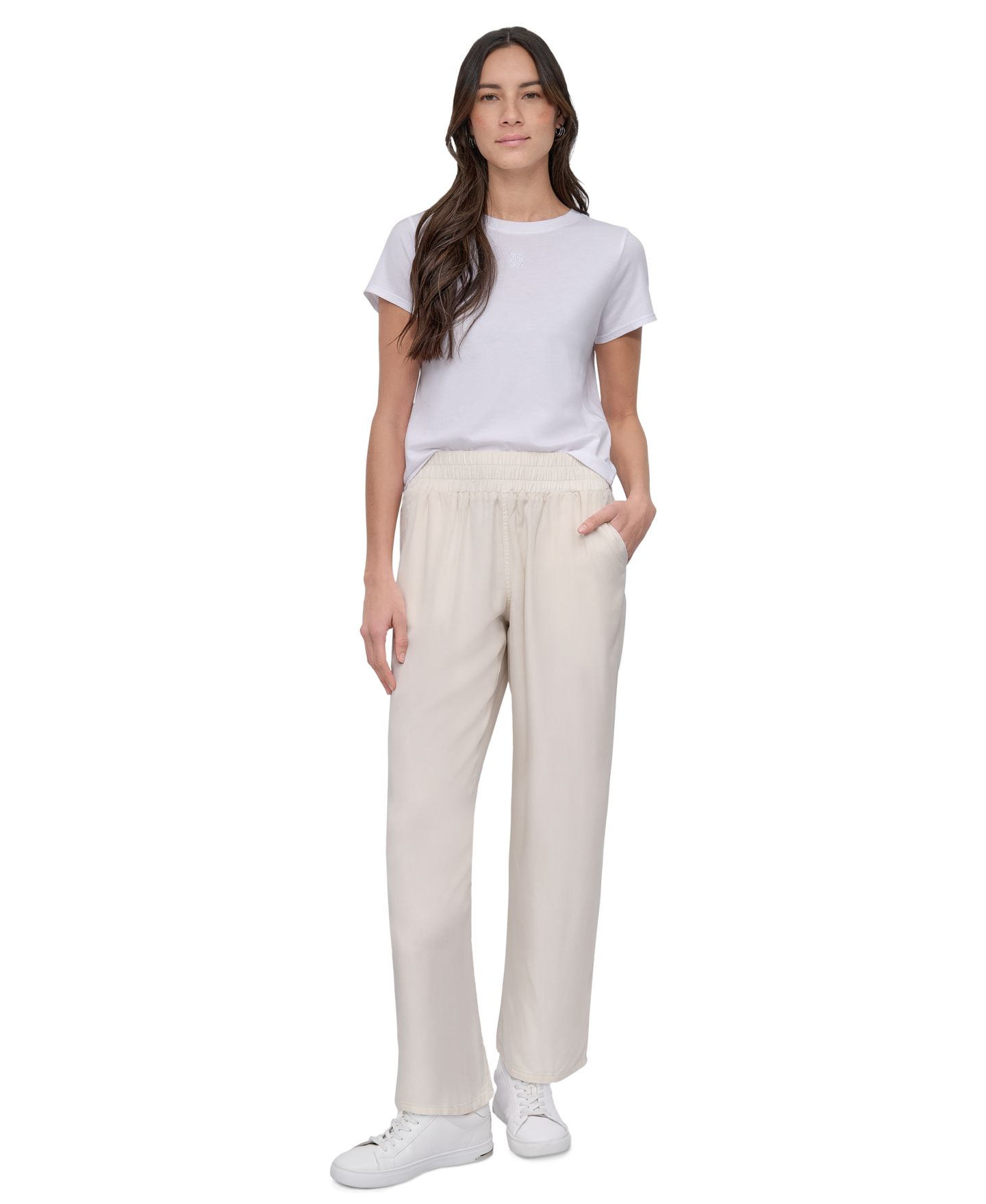 Женские брюки DKNY Jeans Petite Smocked-Waist Wide-Leg, цвет: Светлый хаки — фото 1