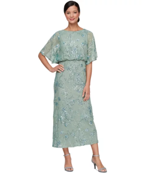Petite Sequined Blouson Dress - Sage Green