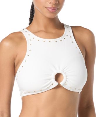 Michael Kors - Women's Crepe Front-Ring Studded Bikini Top