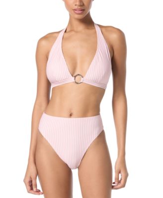 Michael Kors Michael  Womens Logo Ring Halter Bra Top Stripe High Waist Bottom